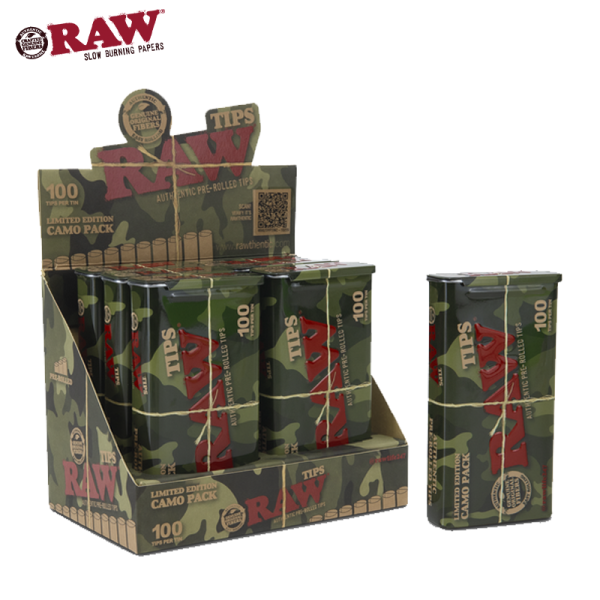 RAW CAMO PRE-ROLLED TIPS IN TIN 100CT/6TIN - LIMITED EDITION